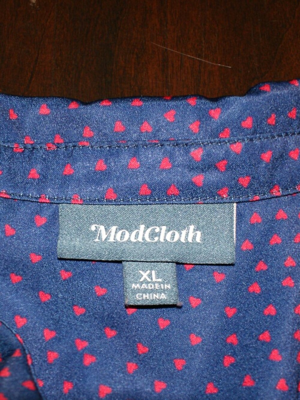ModCloth blue blouse with small Red Hearts - XL